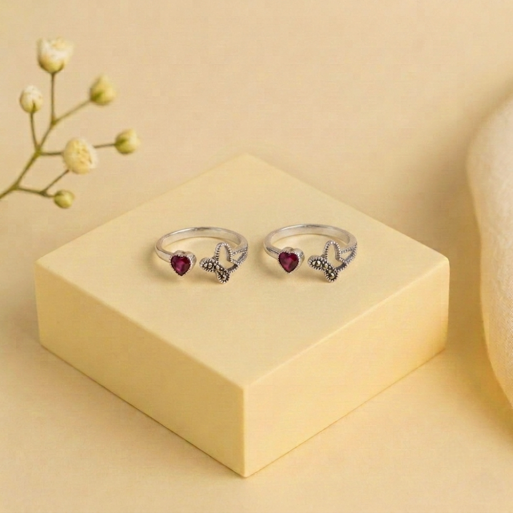 Ruby Heart Butterfly Silver Toe Rings