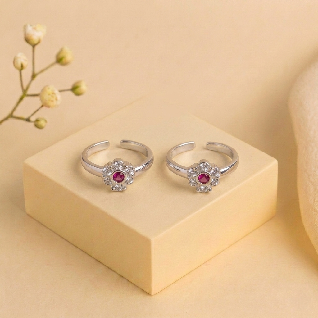 Red and White Stones Silver Toerings