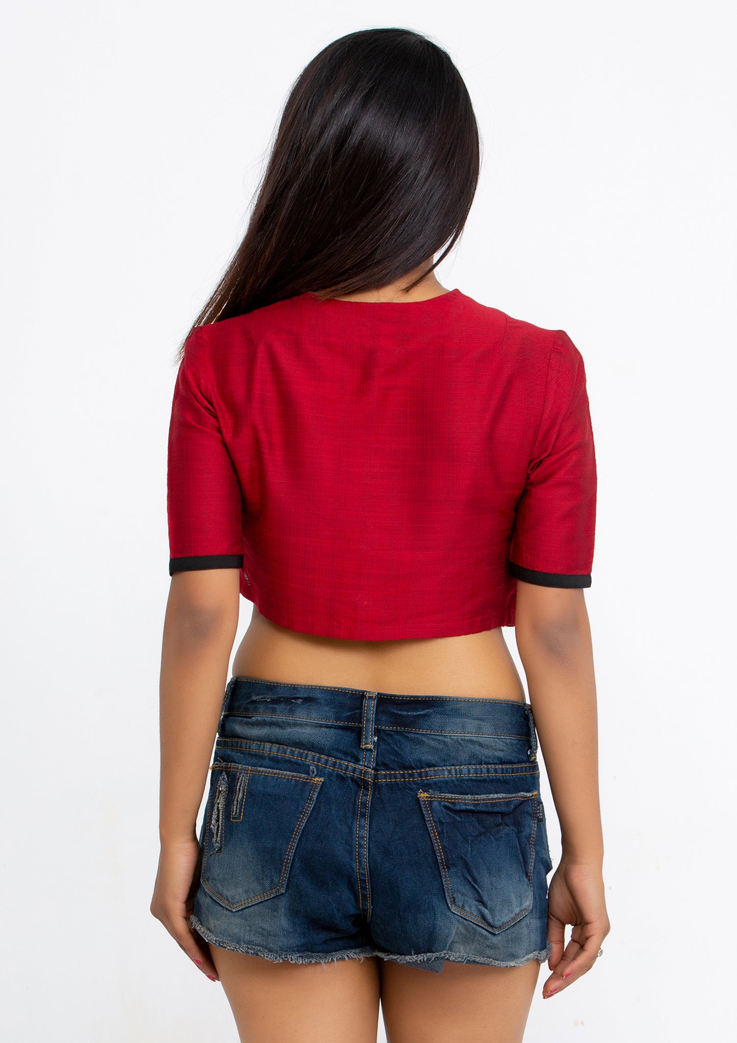 Red Cotton Silk Crop Top with short sleeve and Brass Buttons