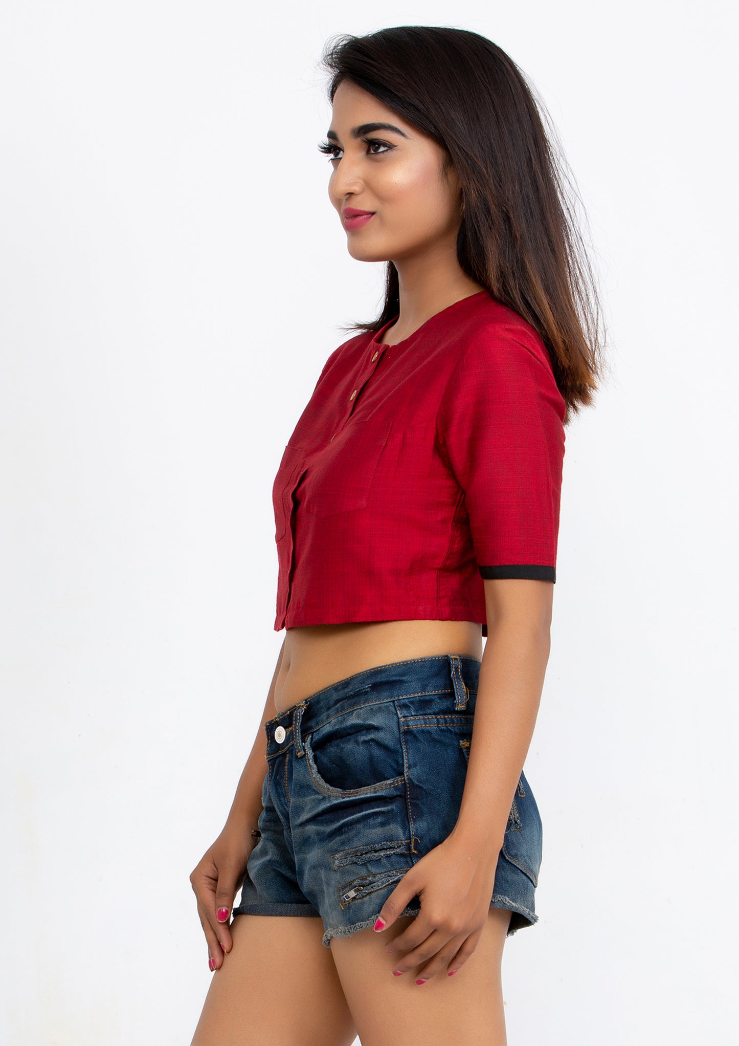 Red Cotton Silk Crop Top with short sleeve and Brass Buttons