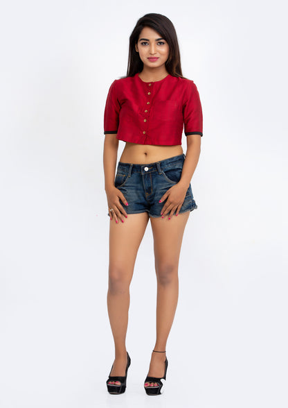 Red Cotton Silk Crop Top with short sleeve and Brass Buttons