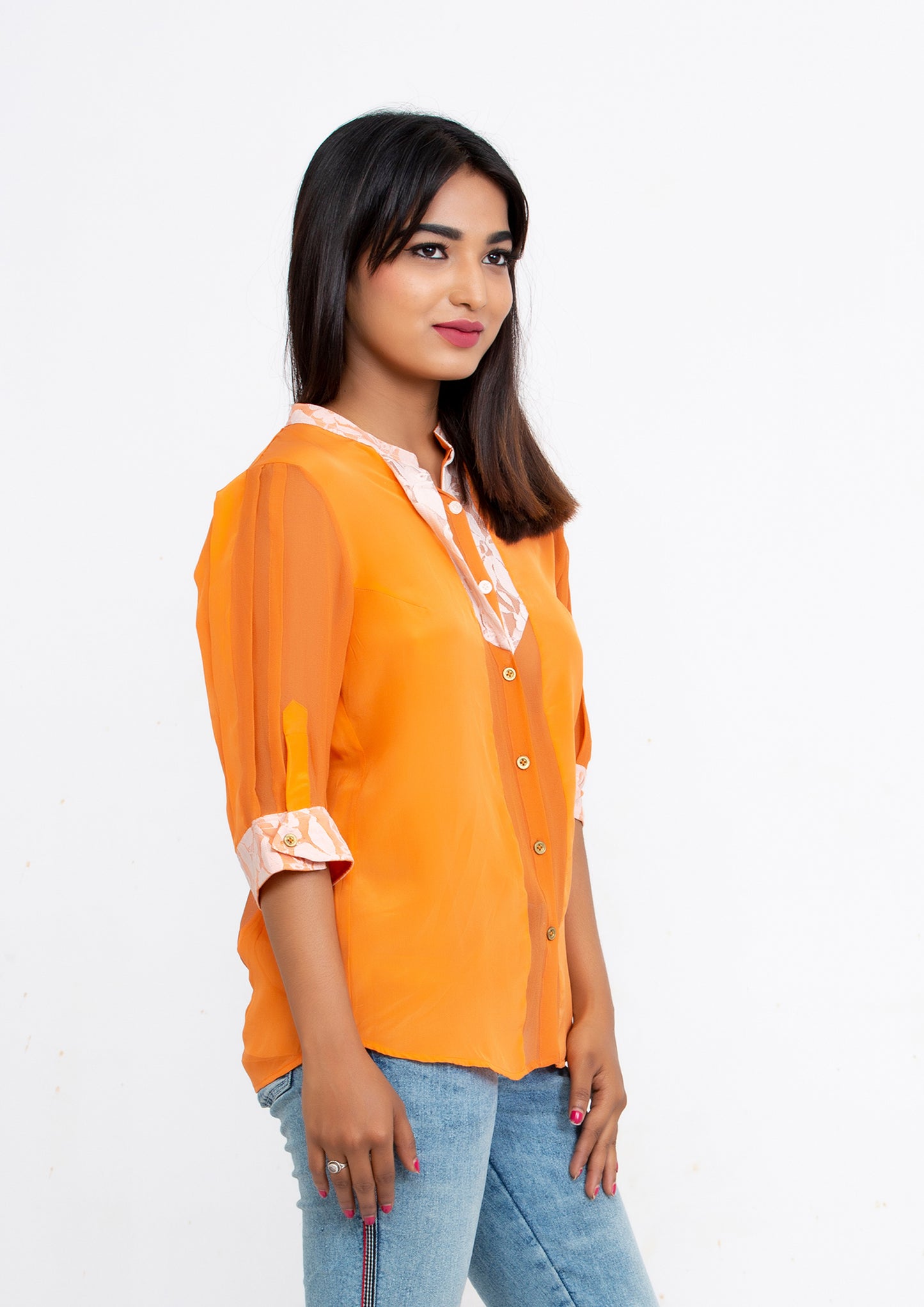 Orange Silk Crepe and Georgette Back Slit Blouse