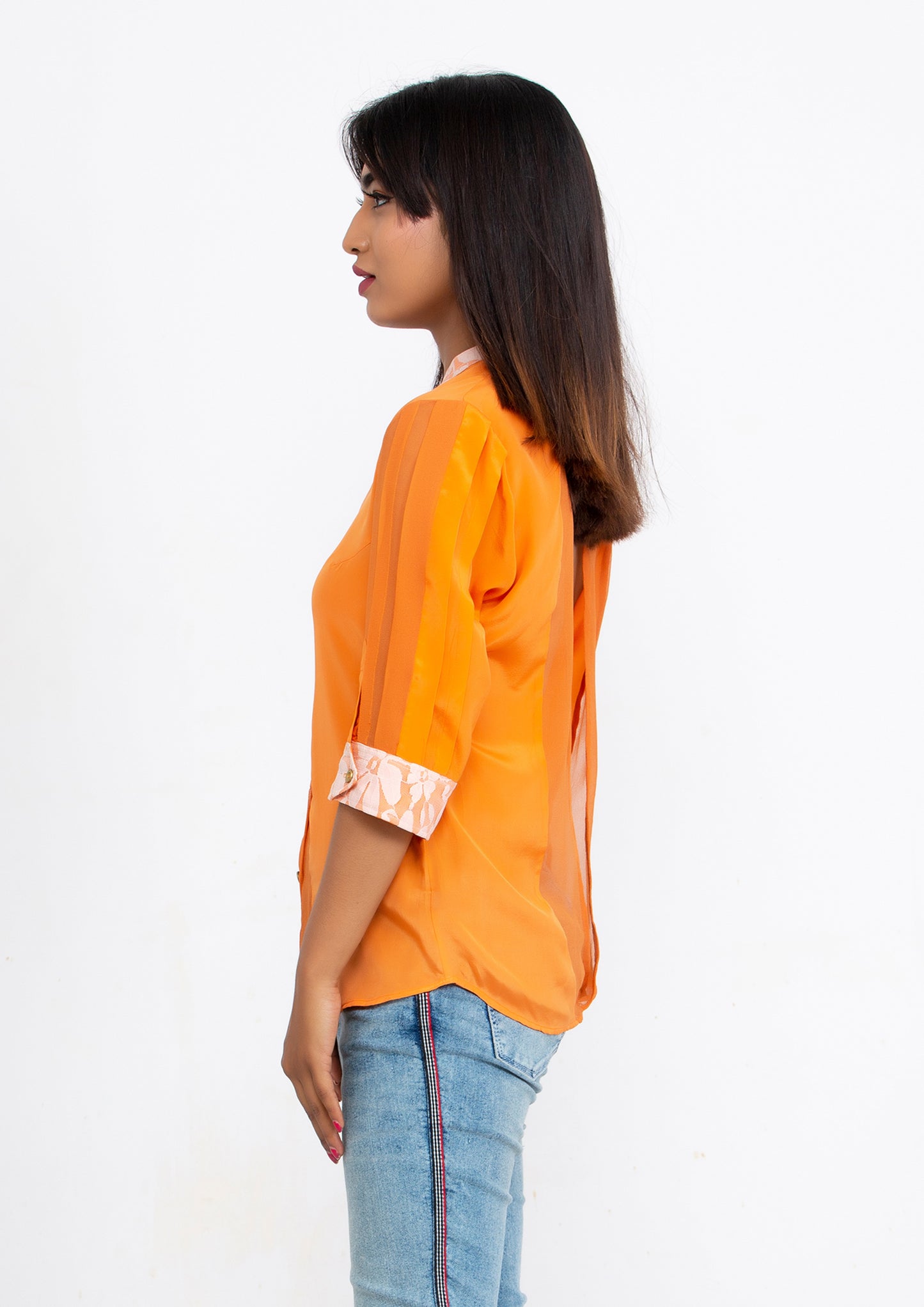 Orange Silk Crepe and Georgette Back Slit Blouse