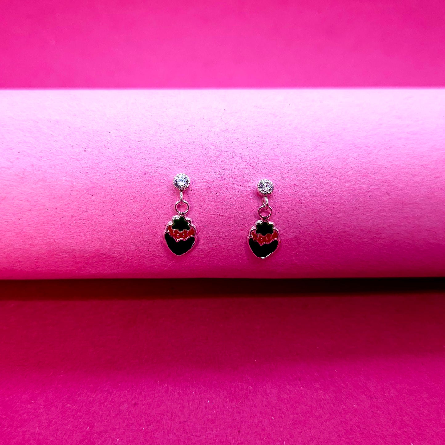 Black and Red Strawberry enamel Kids Earrings