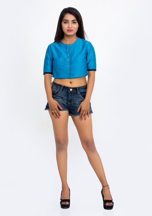 Blue Cotton Silk Crop Top with short sleeve and Brass Buttons