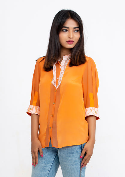 Orange Silk Crepe and Georgette Back Slit Blouse