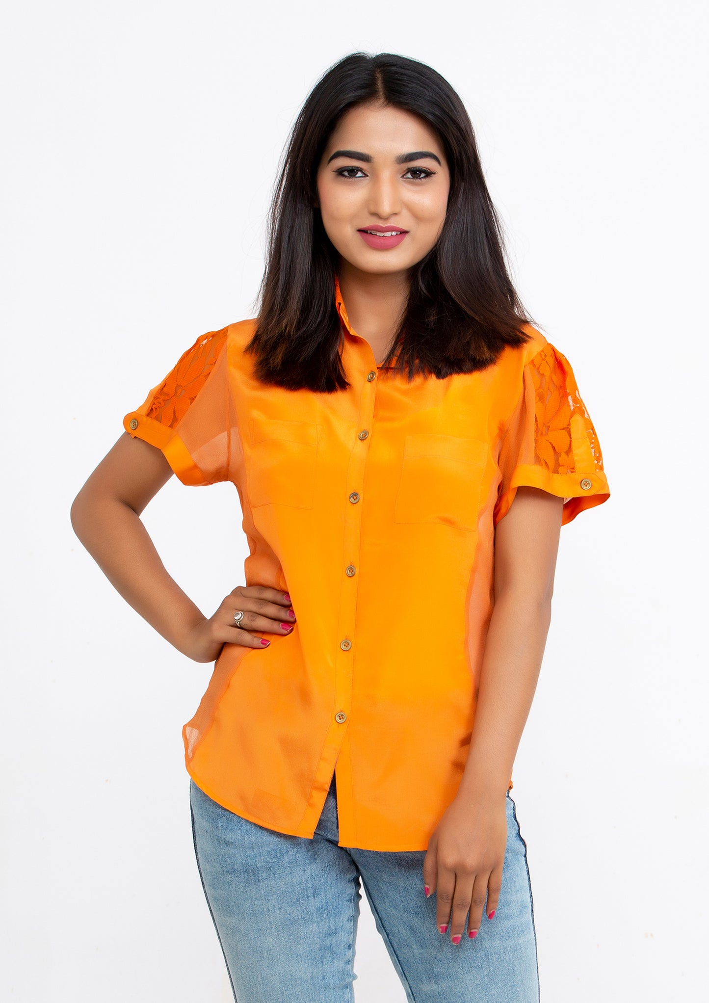 Orange Silk Crepe and Georgette Blouse