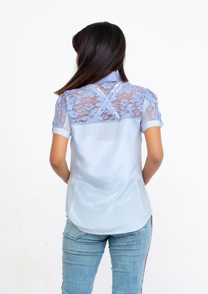 Sky Blue Silk Crepe and Georgette Blouse
