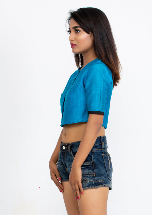 Blue Cotton Silk Crop Top with short sleeve and Brass Buttons