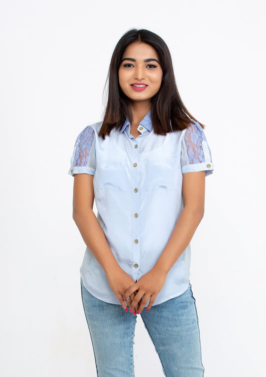 Sky Blue Silk Crepe and Georgette Blouse
