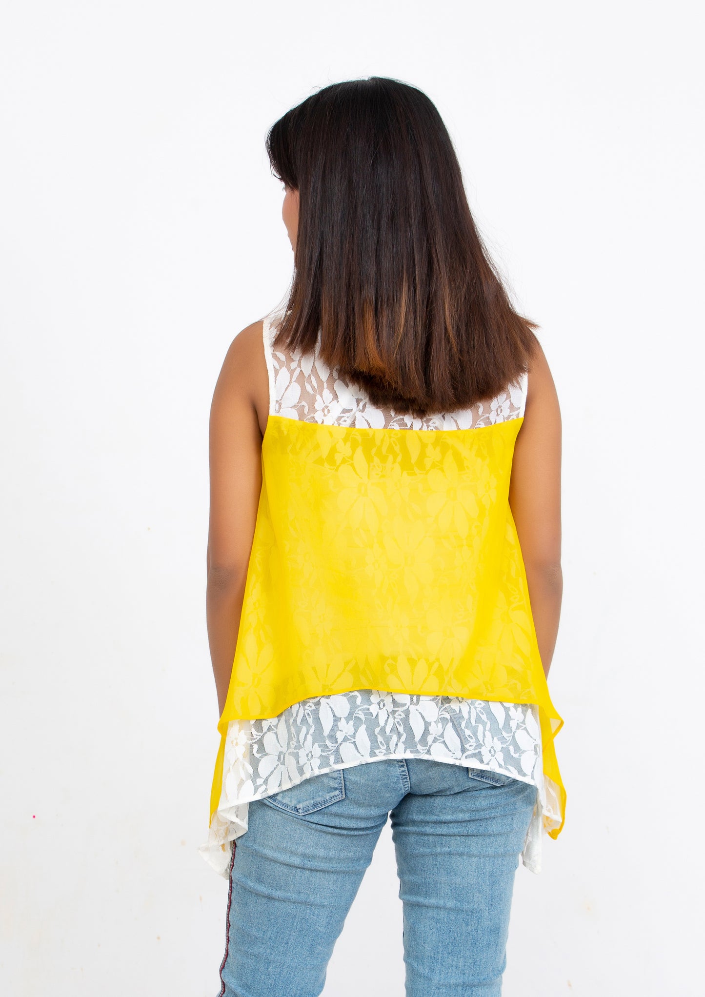 Yellow Silk Georgette and Lace sleeveless Top