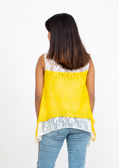 Yellow Silk Georgette and Lace sleeveless Top