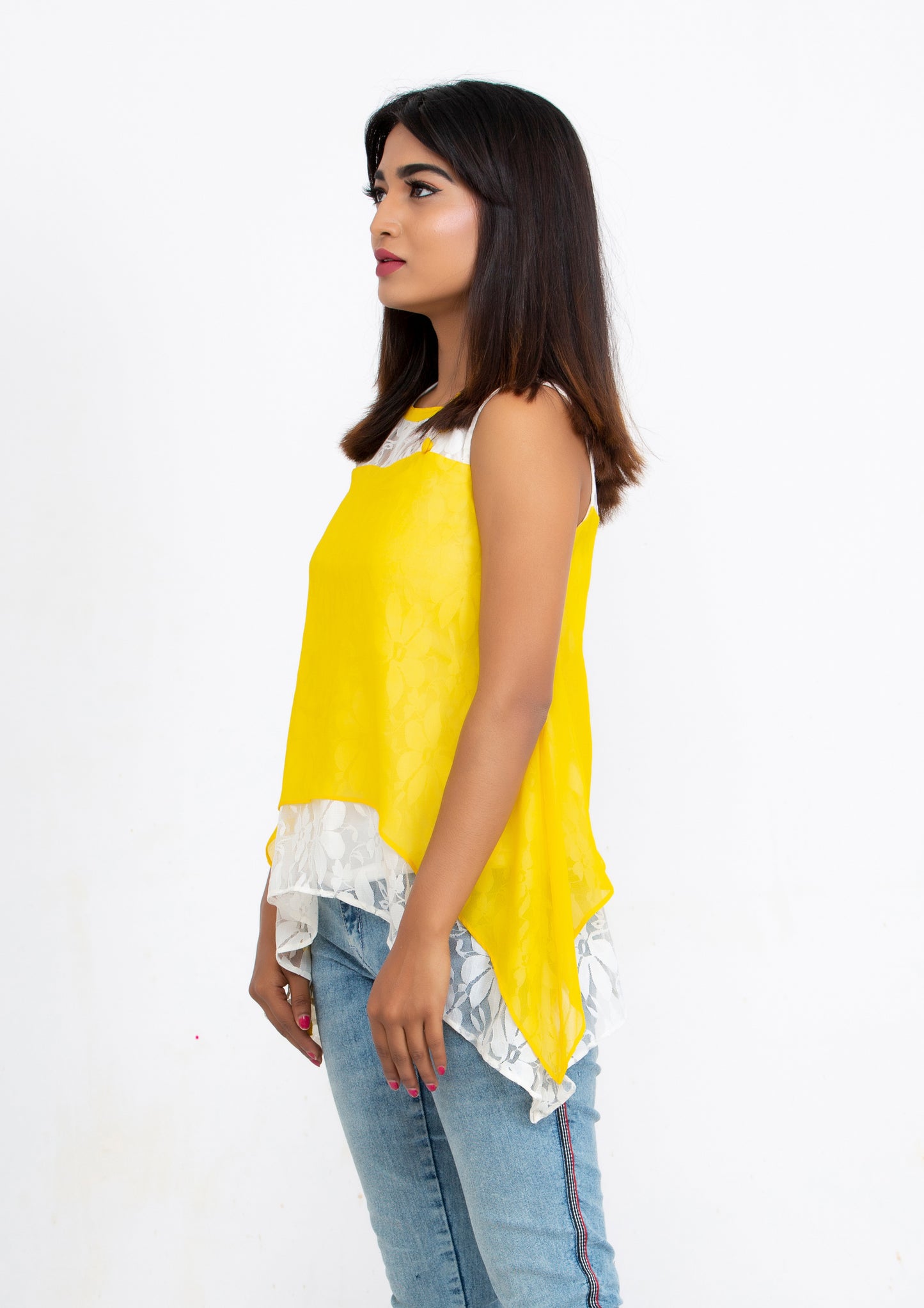 Yellow Silk Georgette and Lace sleeveless Top
