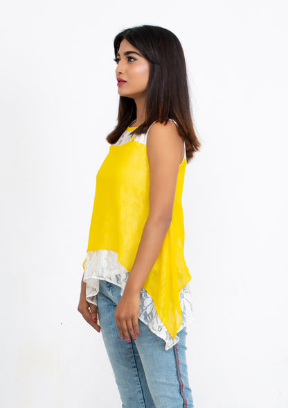 Yellow Silk Georgette and Lace sleeveless Top