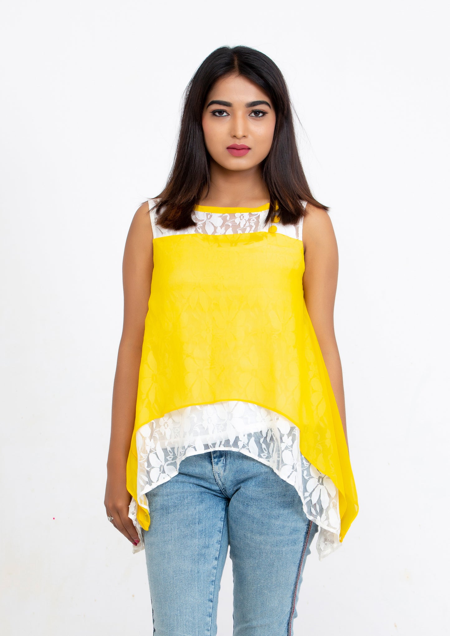 Yellow Silk Georgette and Lace sleeveless Top