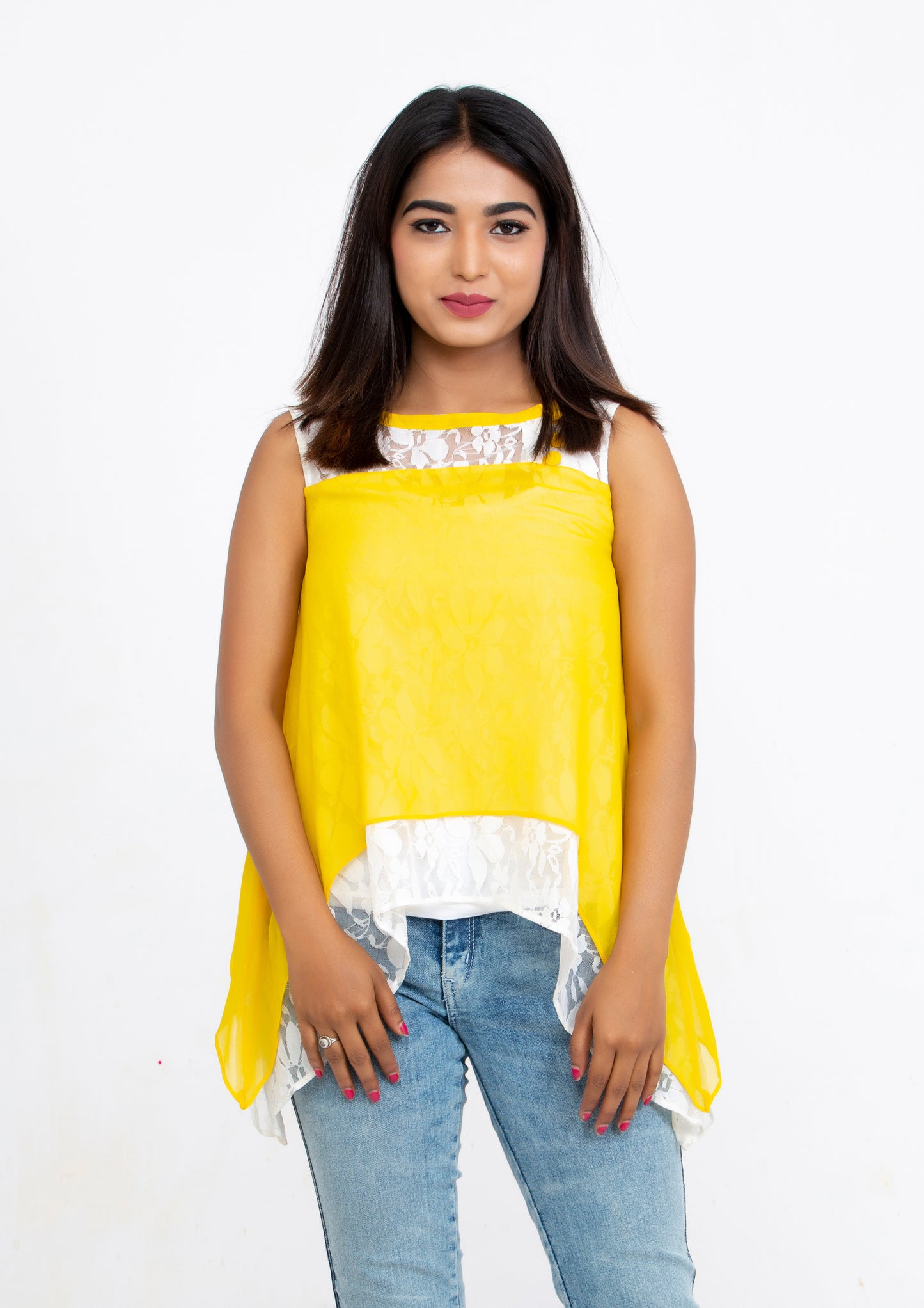 Yellow Silk Georgette and Lace sleeveless Top