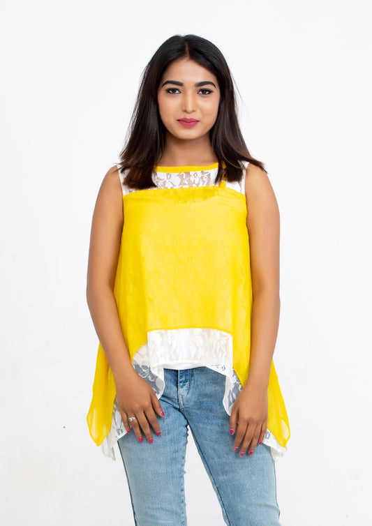 Yellow Silk Georgette and Lace sleeveless Top