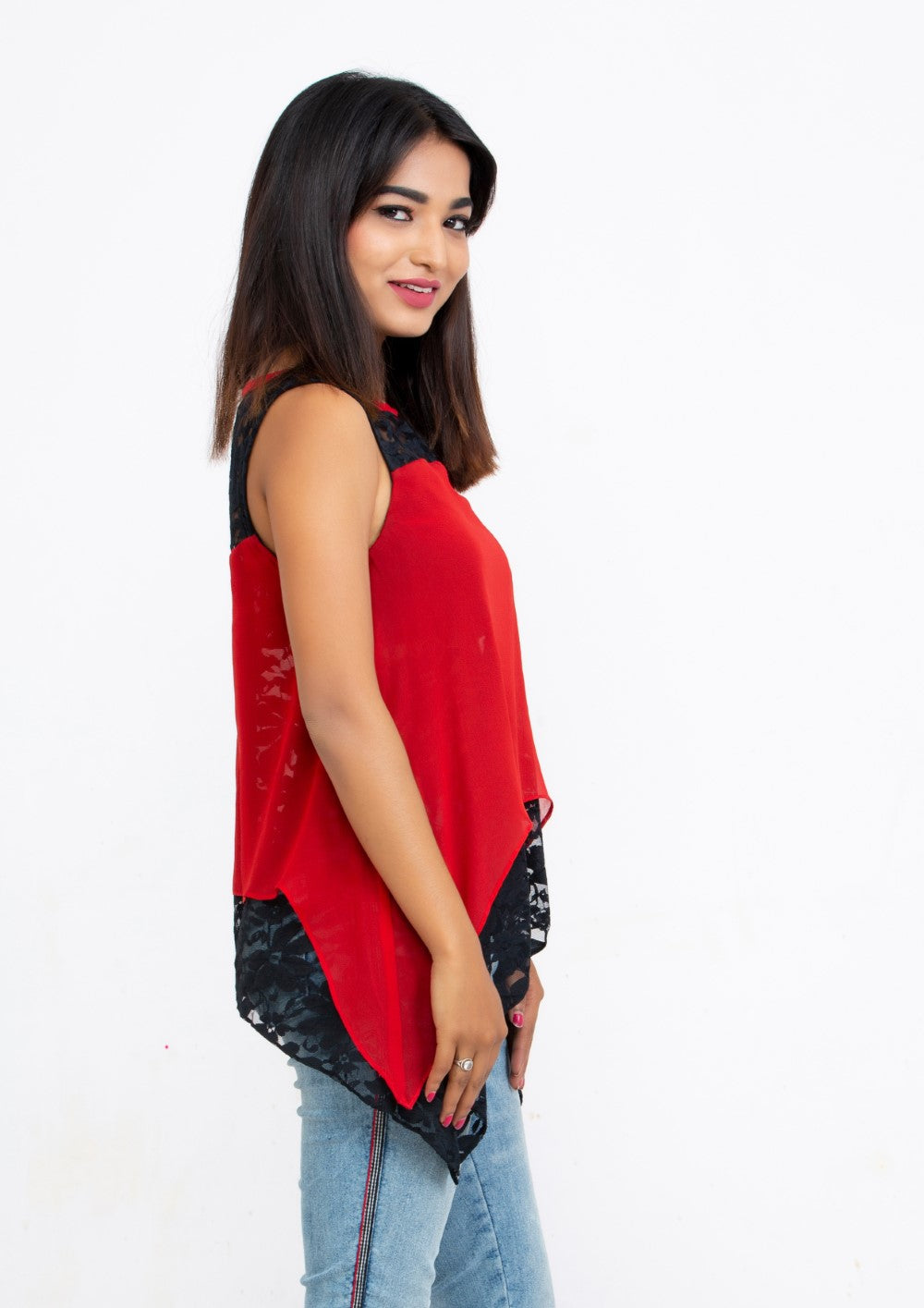 Red Silk Georgette and Lace sleeveless Top