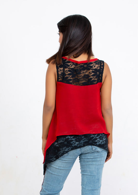Red Silk Georgette and Lace sleeveless Top