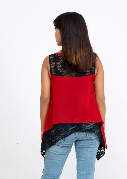 Red Silk Georgette and Lace sleeveless Top