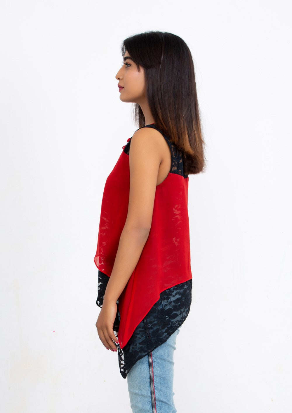 Red Silk Georgette and Lace sleeveless Top