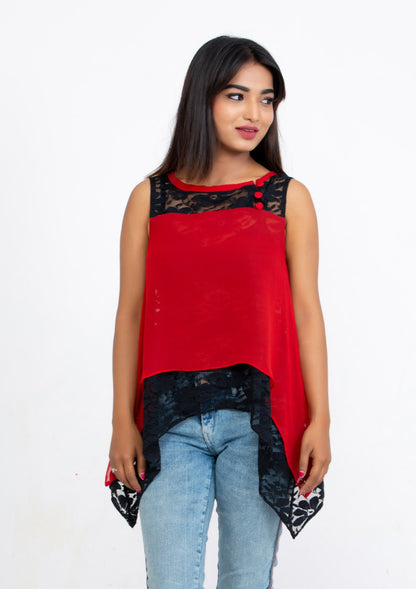Red Silk Georgette and Lace sleeveless Top