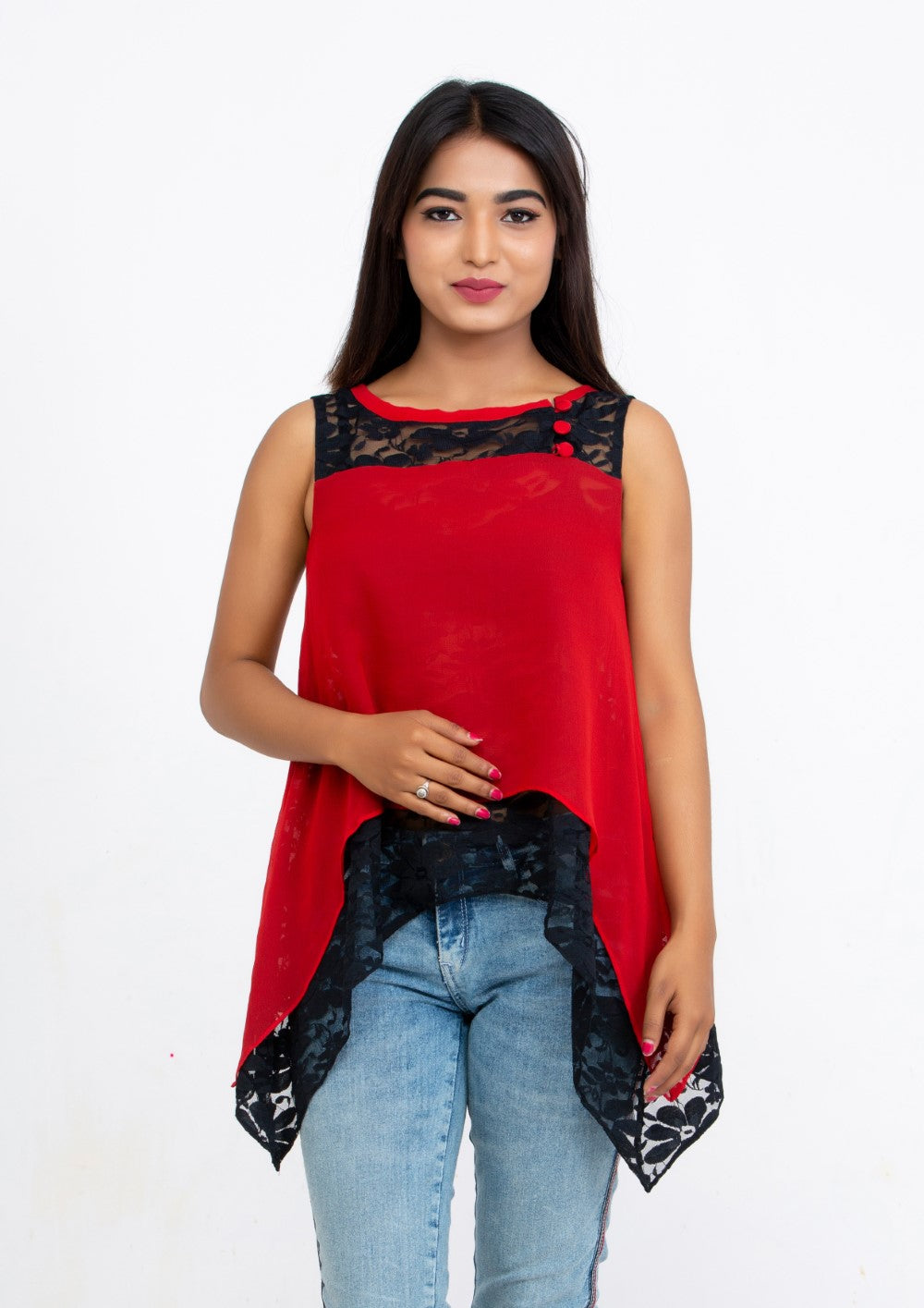 Red Silk Georgette and Lace sleeveless Top