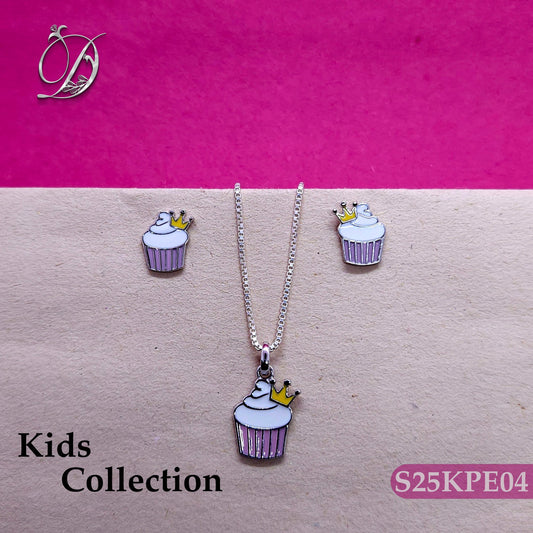 Cupcake Enamel Silver Kids Pendant and Earrings