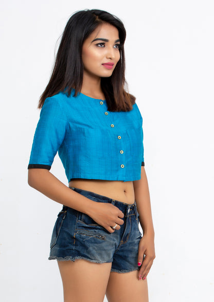 Blue Cotton Silk Crop Top with short sleeve and Brass Buttons