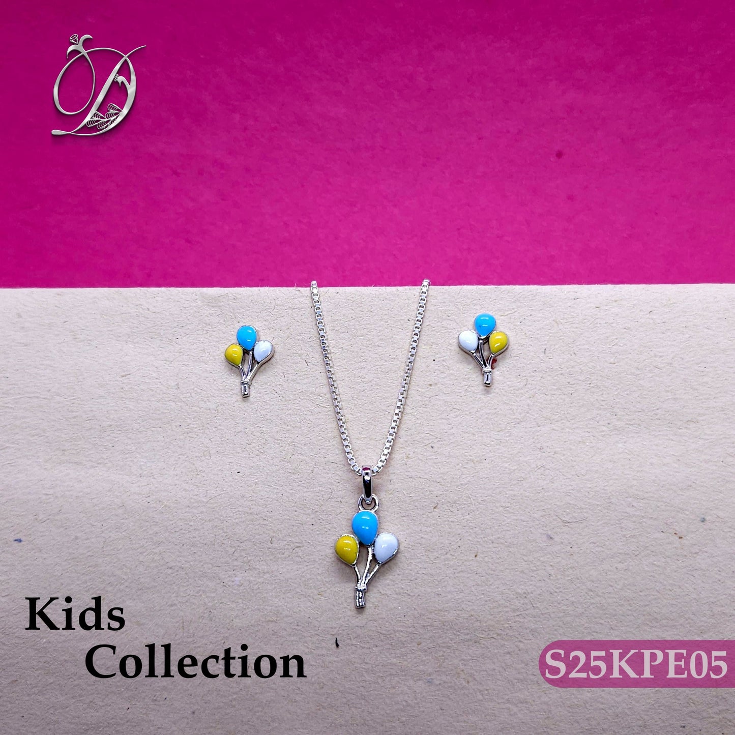 Three balloons together Enamel Silver kids pendant and earrings ----
