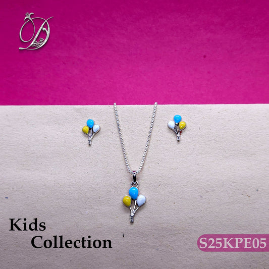 Three balloons together Enamel Silver kids pendant and earrings ----