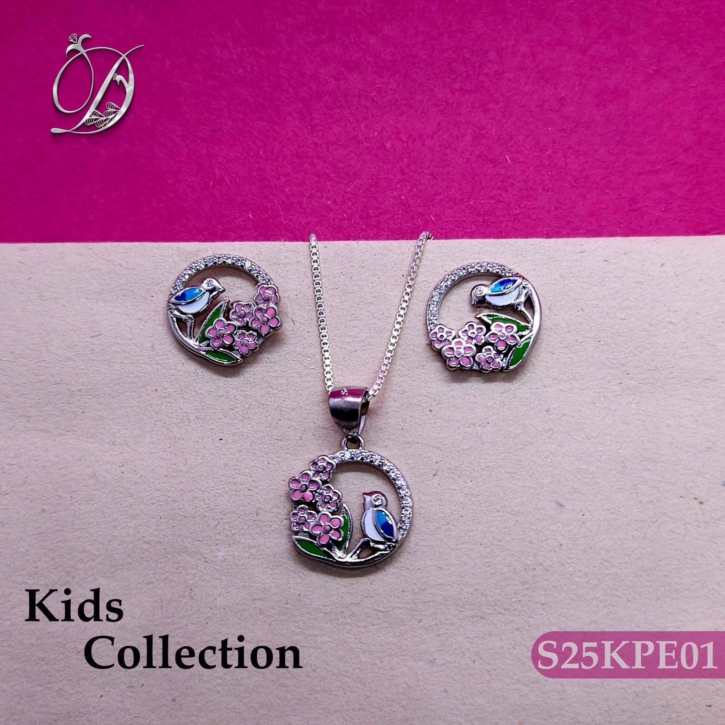 Bird and Flowers Enamel Silver Pendant and Earrings
