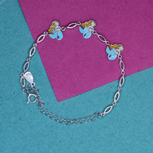 Blonde and Blue Enamel Mermaid Kids Silver Bracelet