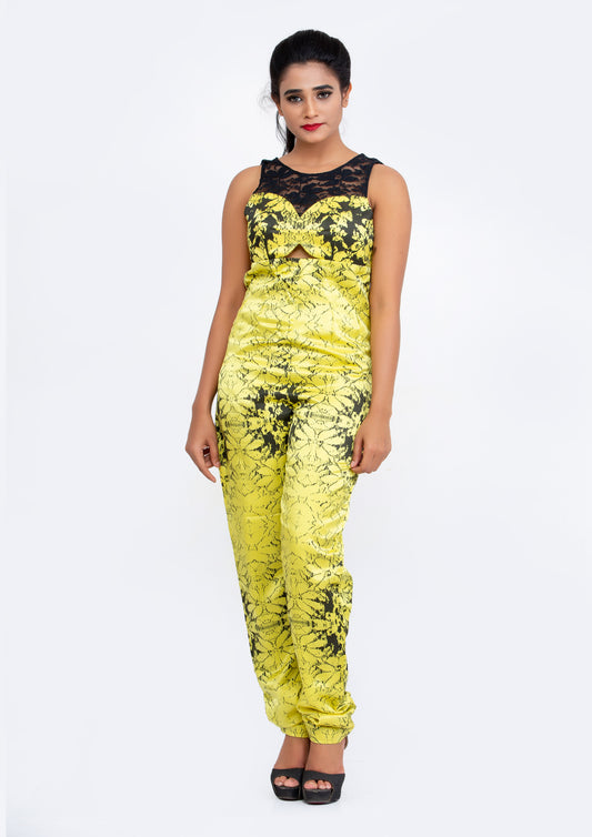 Yellow Printed Silk Crepe Jumpsuit
