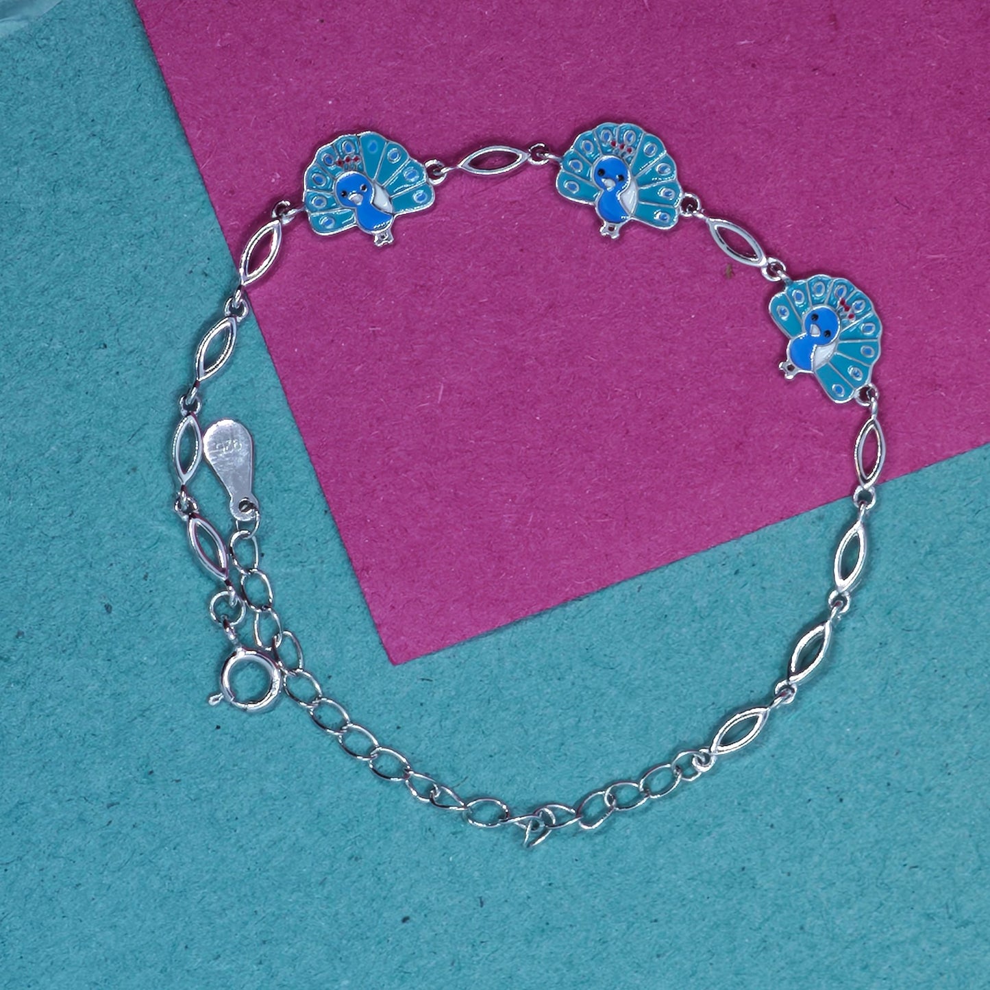 Peacock Enamel Finish Kids Silver Bracelet