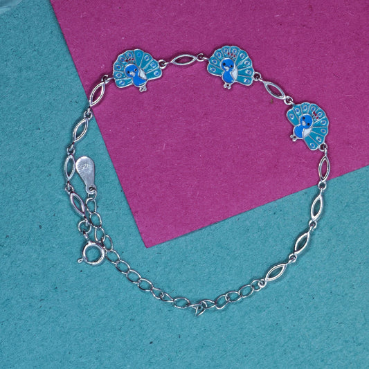 Peacock Enamel Finish Kids Silver Bracelet