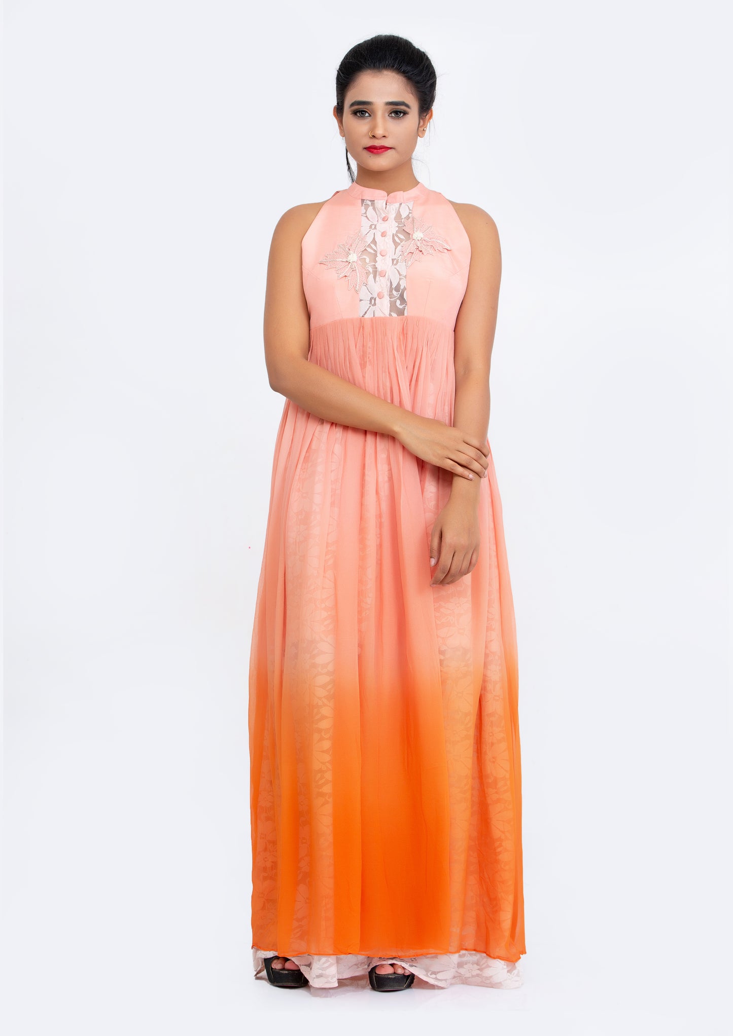 Peach and orange ombre dyed Silk Crepe and Georgette Gown