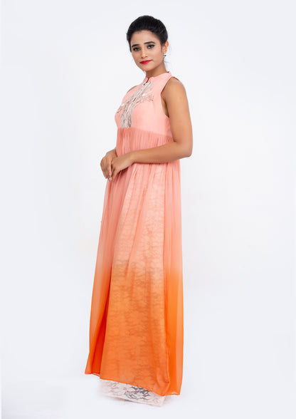 Peach and orange ombre dyed Silk Crepe and Georgette Gown