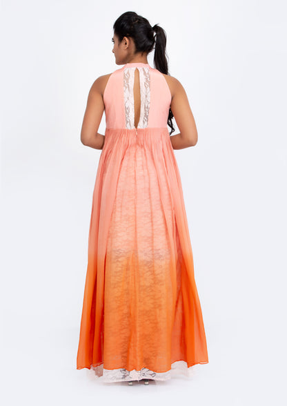Peach and orange ombre dyed Silk Crepe and Georgette Gown