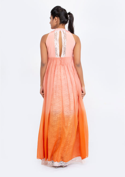 Peach and orange ombre dyed Silk Crepe and Georgette Gown