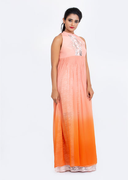 Peach and orange ombre dyed Silk Crepe and Georgette Gown