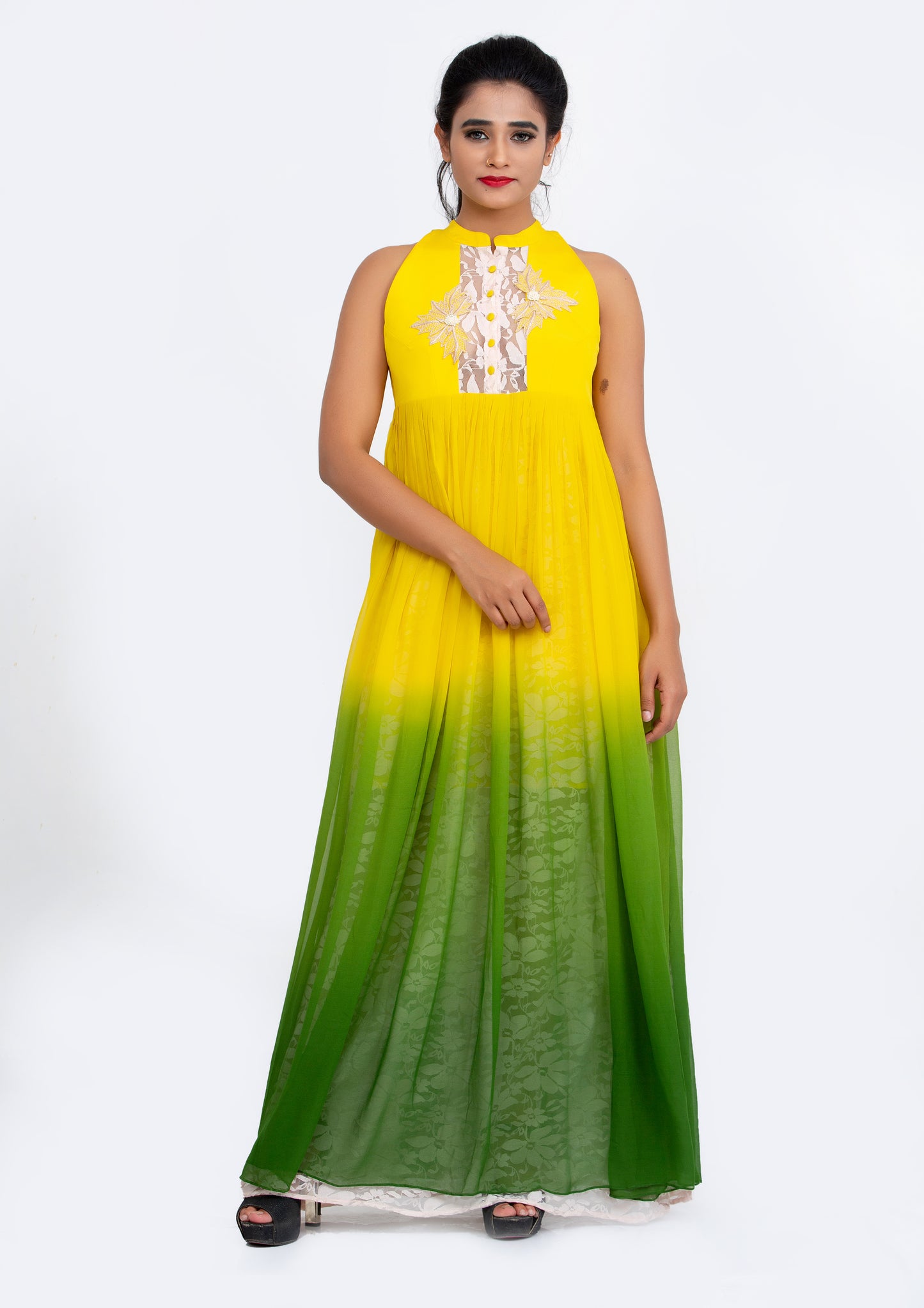 Yellow and green Ombre dyed Silk Crepe and Georgette Gown