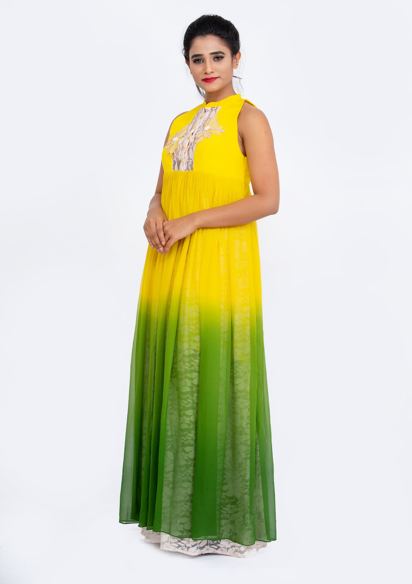 Yellow and green Ombre dyed Silk Crepe and Georgette Gown