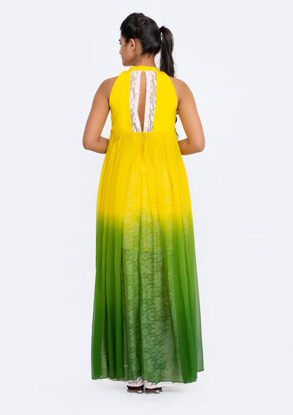 Yellow and green Ombre dyed Silk Crepe and Georgette Gown