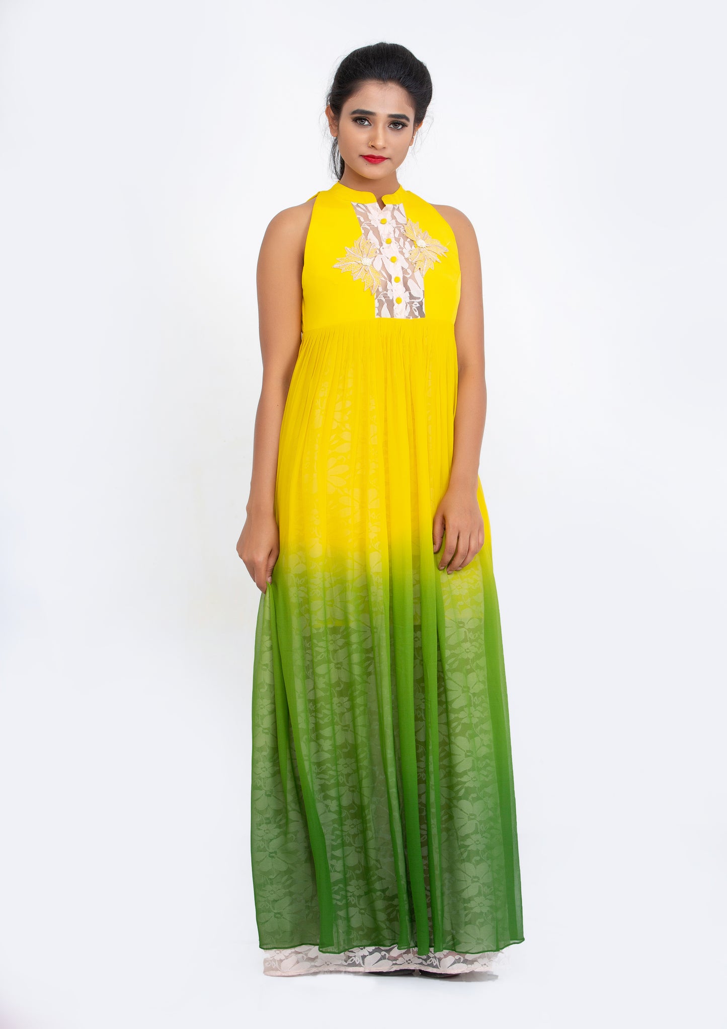 Yellow and green Ombre dyed Silk Crepe and Georgette Gown