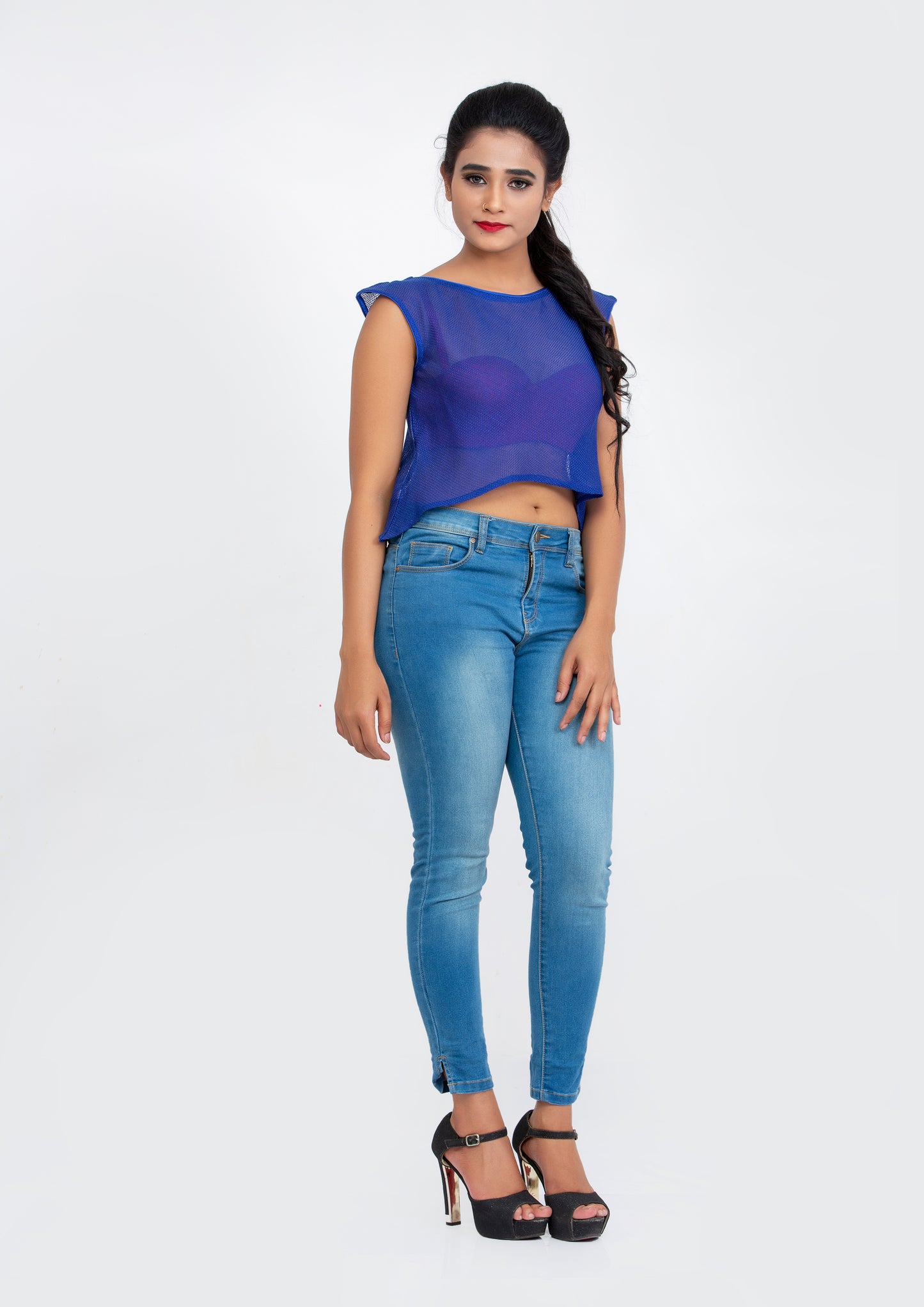 Blue Cotton Net flare Crop Top