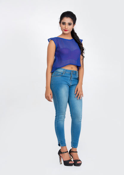 Blue Cotton Net flare Crop Top
