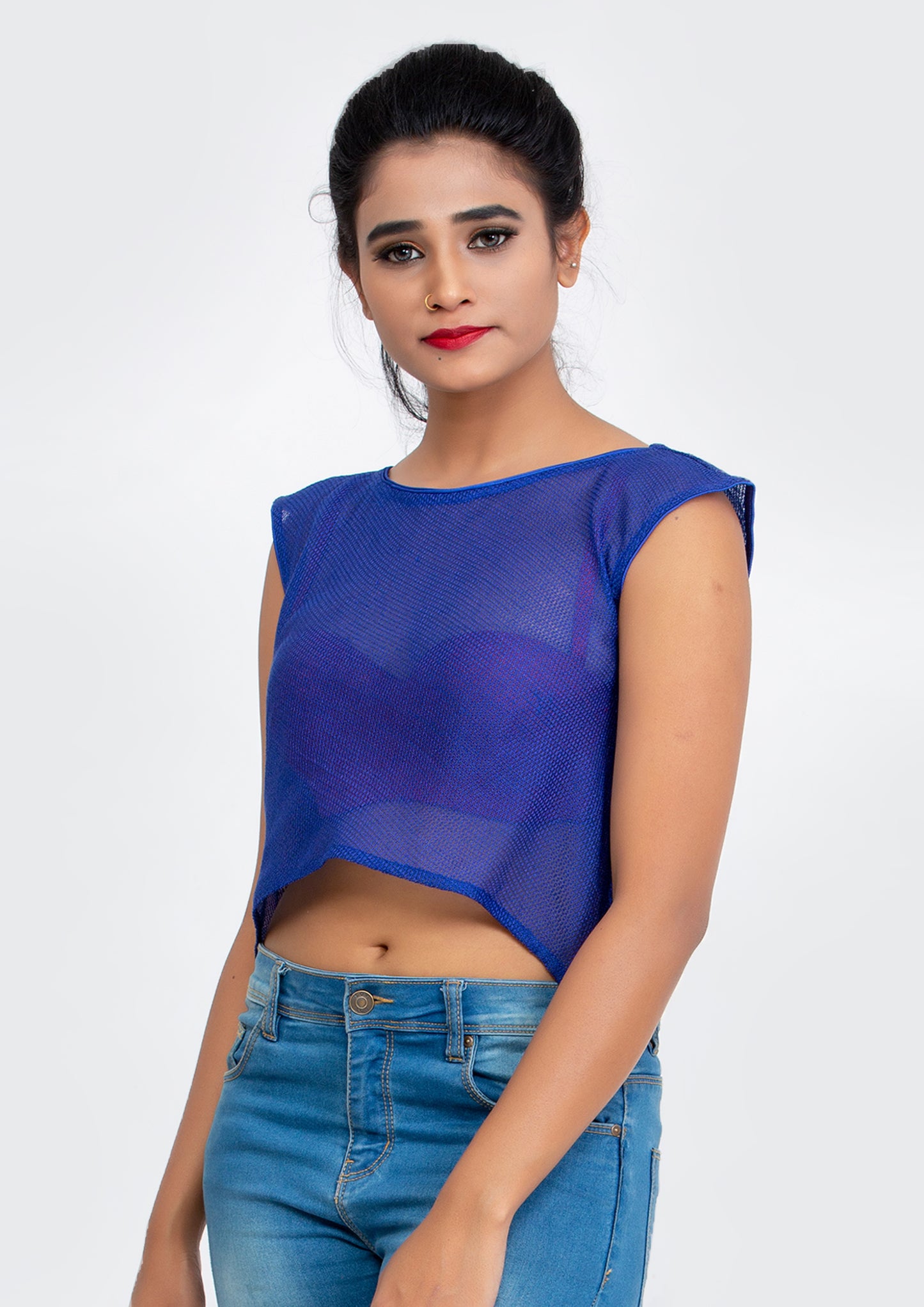 Blue Cotton Net flare Crop Top