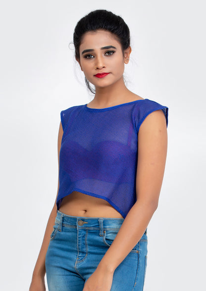 Blue Cotton Net flare Crop Top