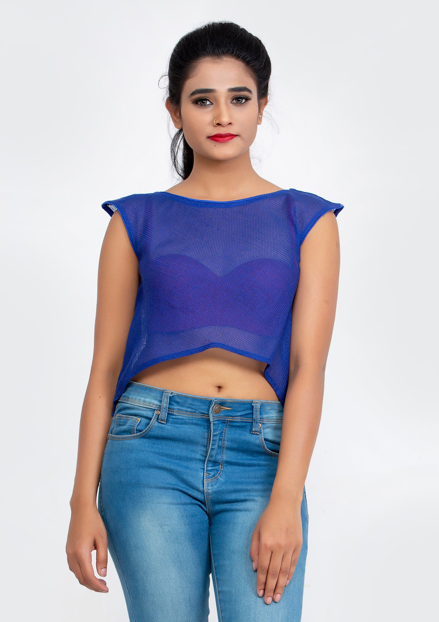 Blue Cotton Net flare Crop Top